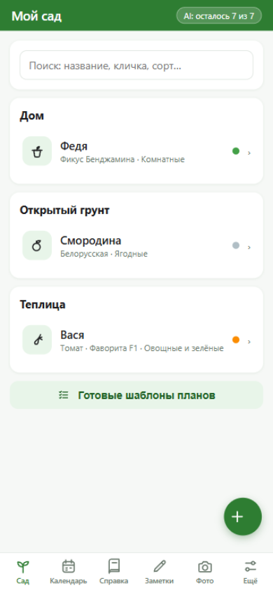 Экран сада: растения сгруппированы по местам